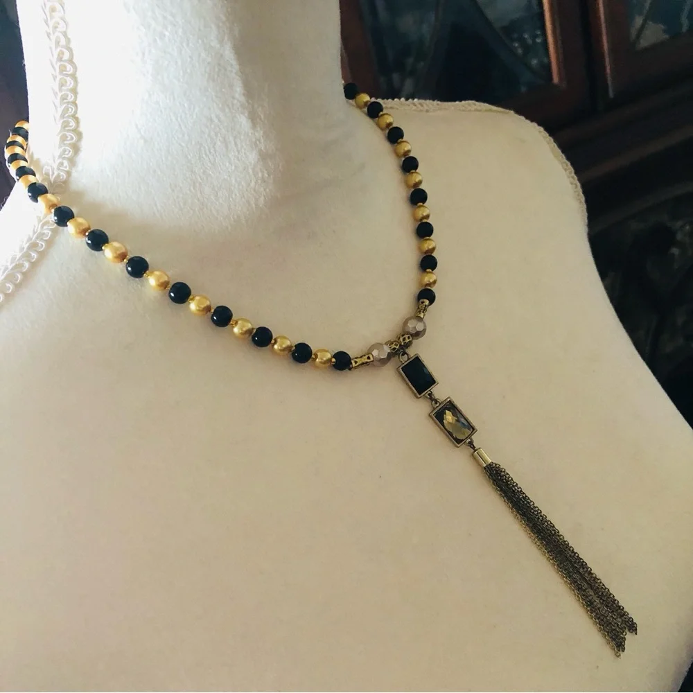Handcrafted repurpose black and gold chain fringe Czech glass Pearl necklace